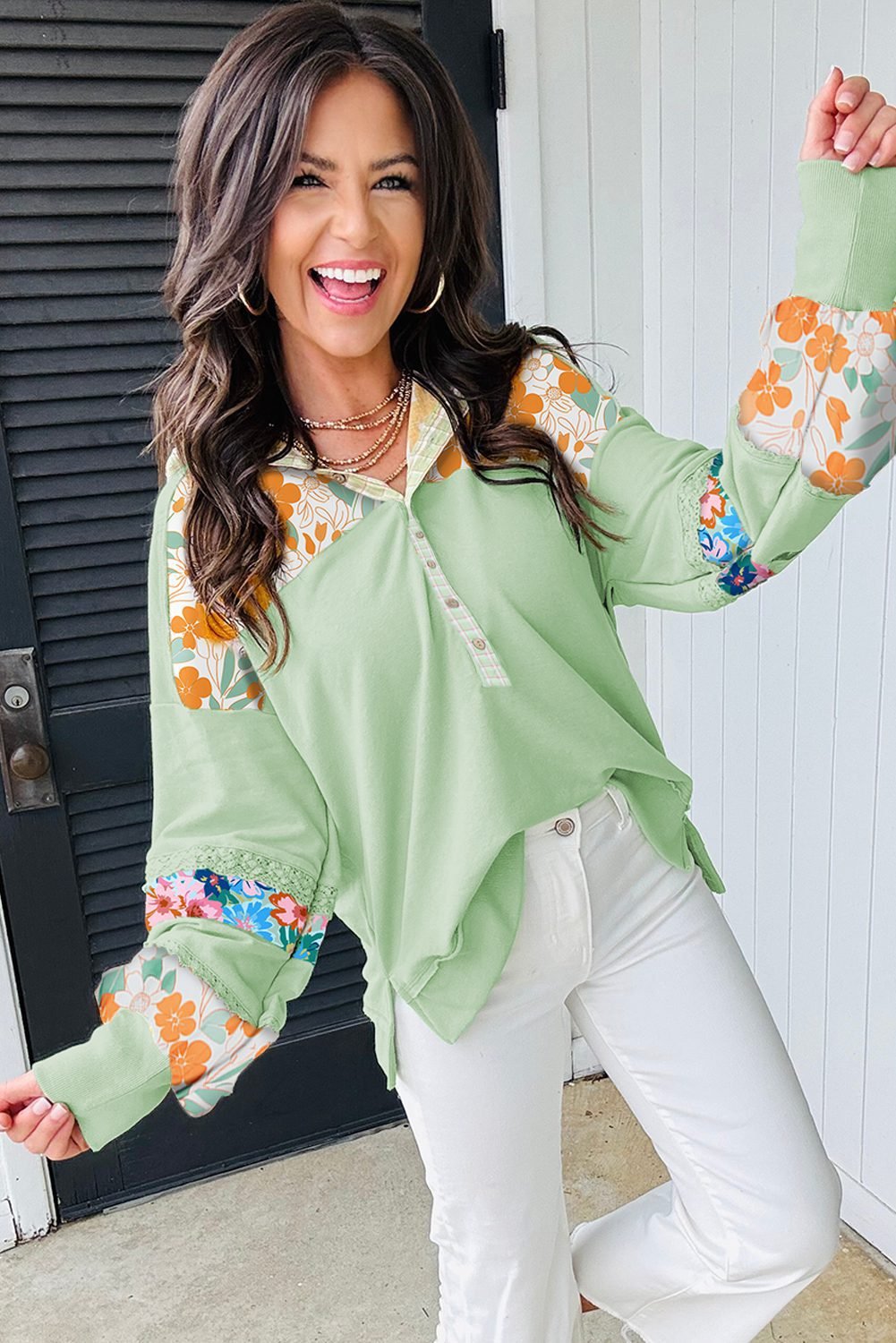 Clearly Aqua Lace Floral Patchwork Half Button Hooded Pullover