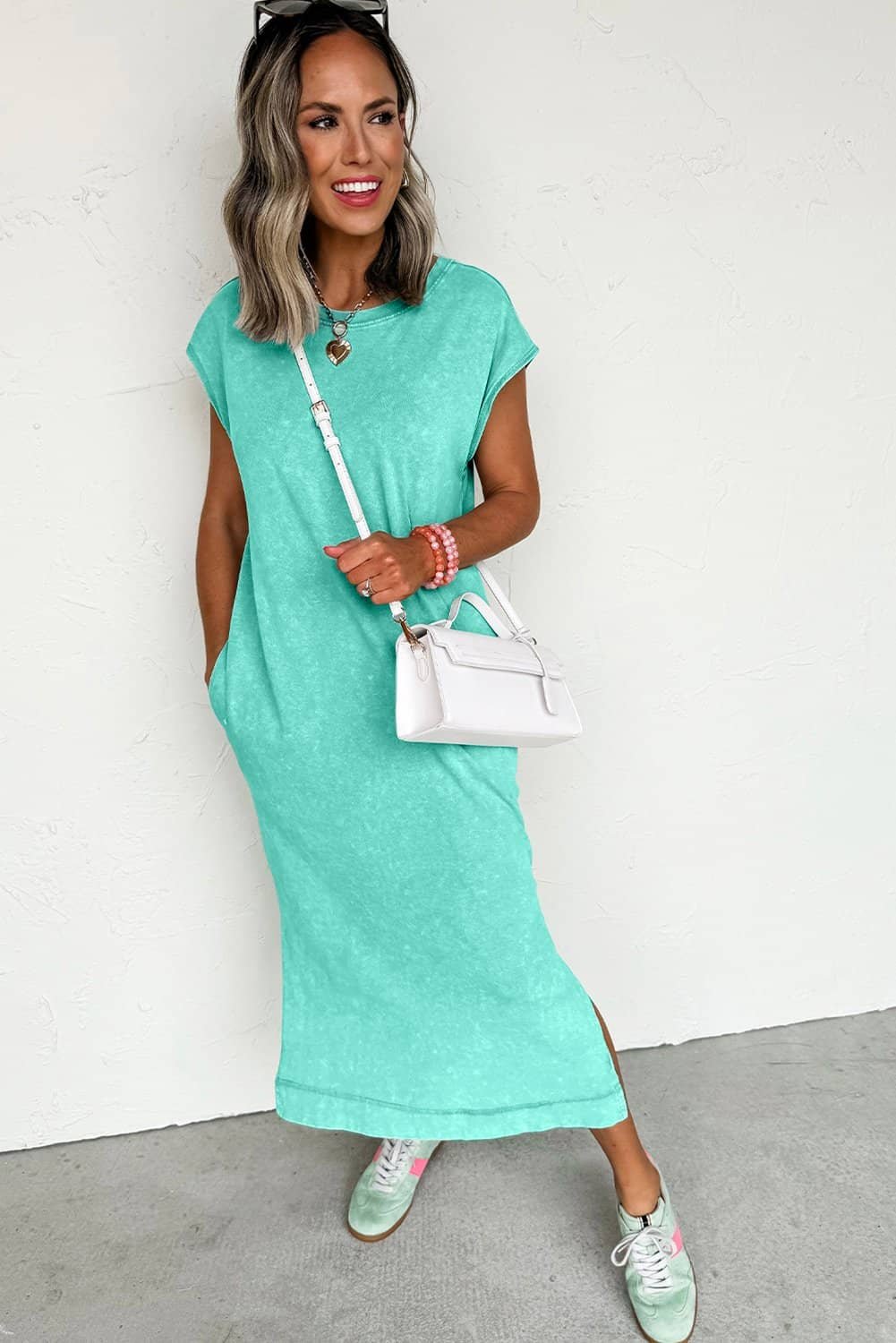 Clearly Aqua Mineral Wash Pocketed T-Shirt Long Dress