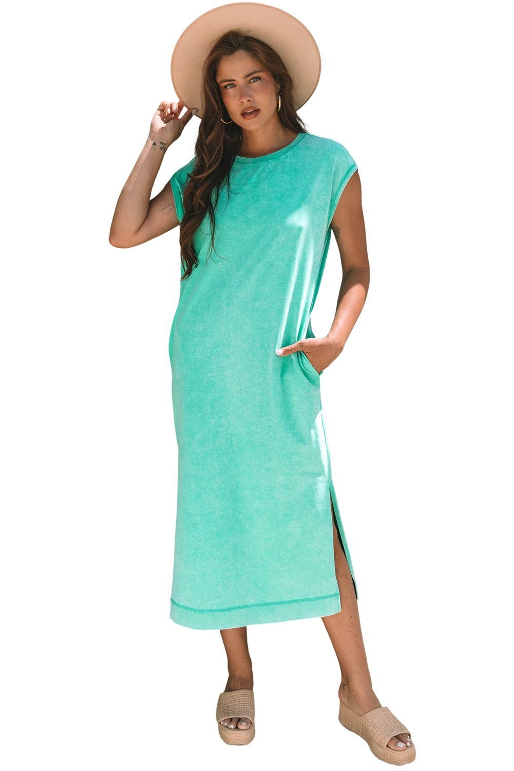 Clearly Aqua Mineral Wash Pocketed T-Shirt Long Dress