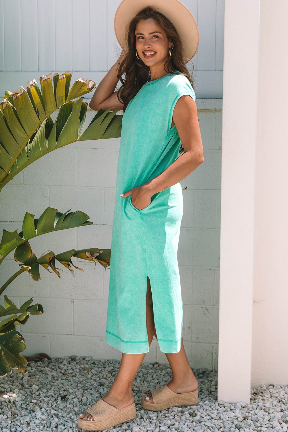 Clearly Aqua Mineral Wash Pocketed T-Shirt Long Dress