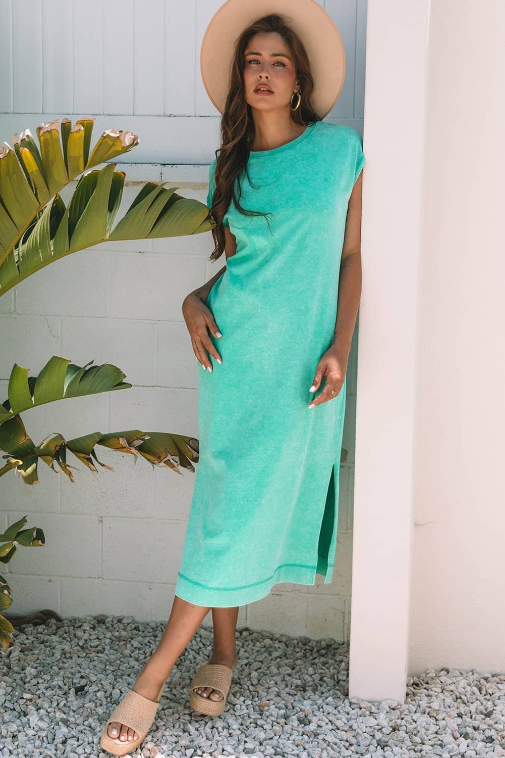 Clearly Aqua Mineral Wash Pocketed T-Shirt Long Dress