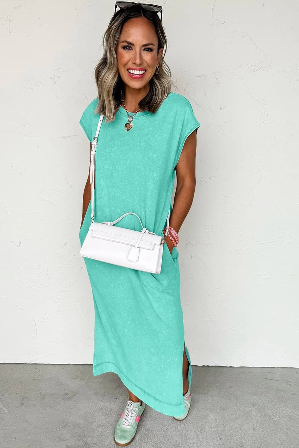 Clearly Aqua Mineral Wash Pocketed T-Shirt Long Dress