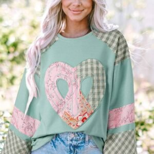 Clearly Aqua Plaid Floral Peace Heart Graphic Wide Long Sleeve Top