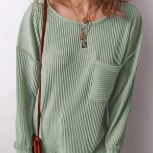 Clearly Aqua Solid Color Corded Drop Shoulder Long Sleeve Top