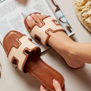 Coffee Faux Raffia Detail Hollowed Open Toe Slippers