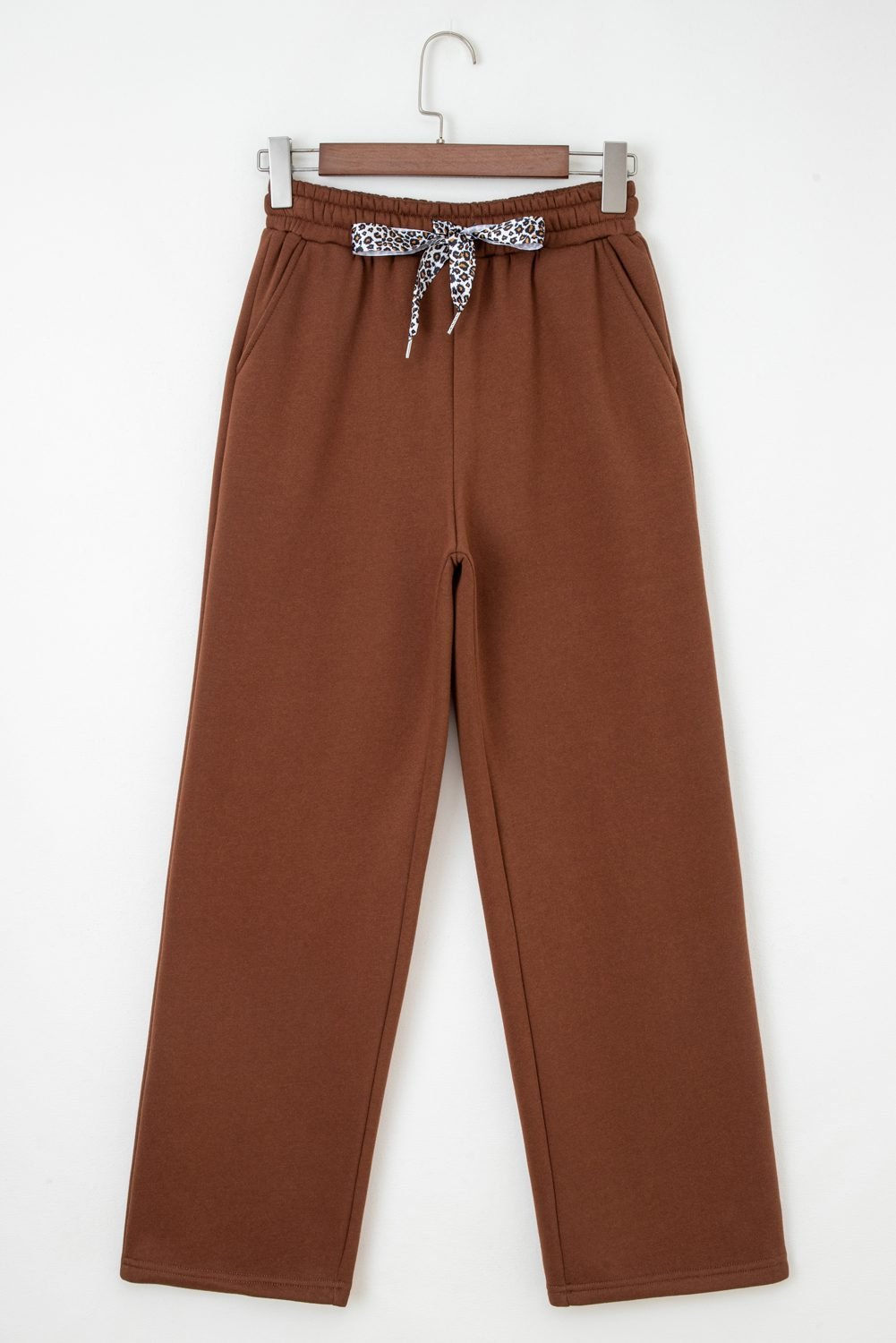 Coffee Fleece Lined Leopard Drawstring Elastic Waist Solid Pants