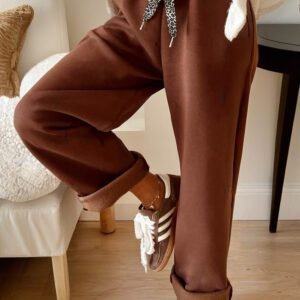 Coffee Fleece Lined Leopard Drawstring Elastic Waist Solid Pants
