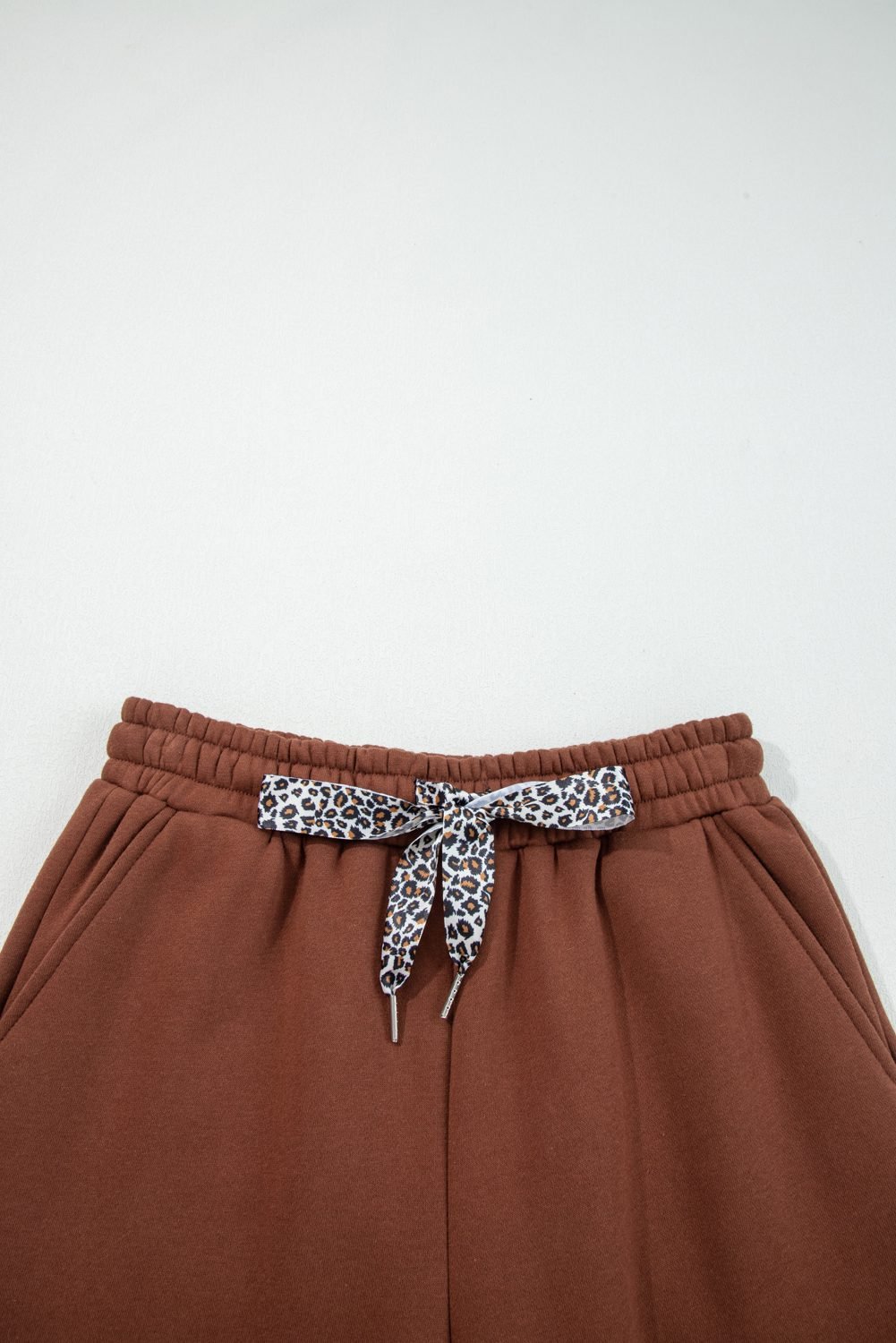 Coffee Fleece Lined Leopard Drawstring Elastic Waist Solid Pants