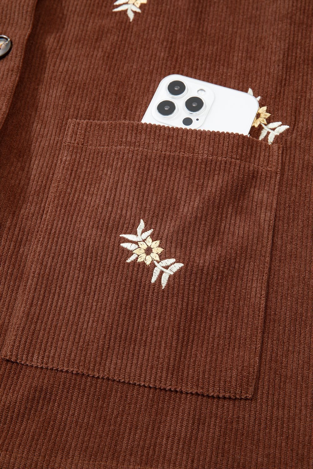 Coffee Floral Embroidered Collar Button Front Corduroy Jacket With Pocket