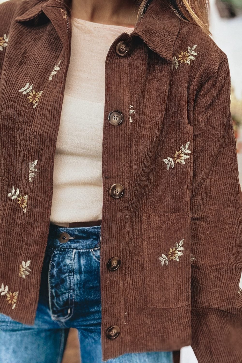 Coffee Floral Embroidered Collar Button Front Corduroy Jacket With Pocket