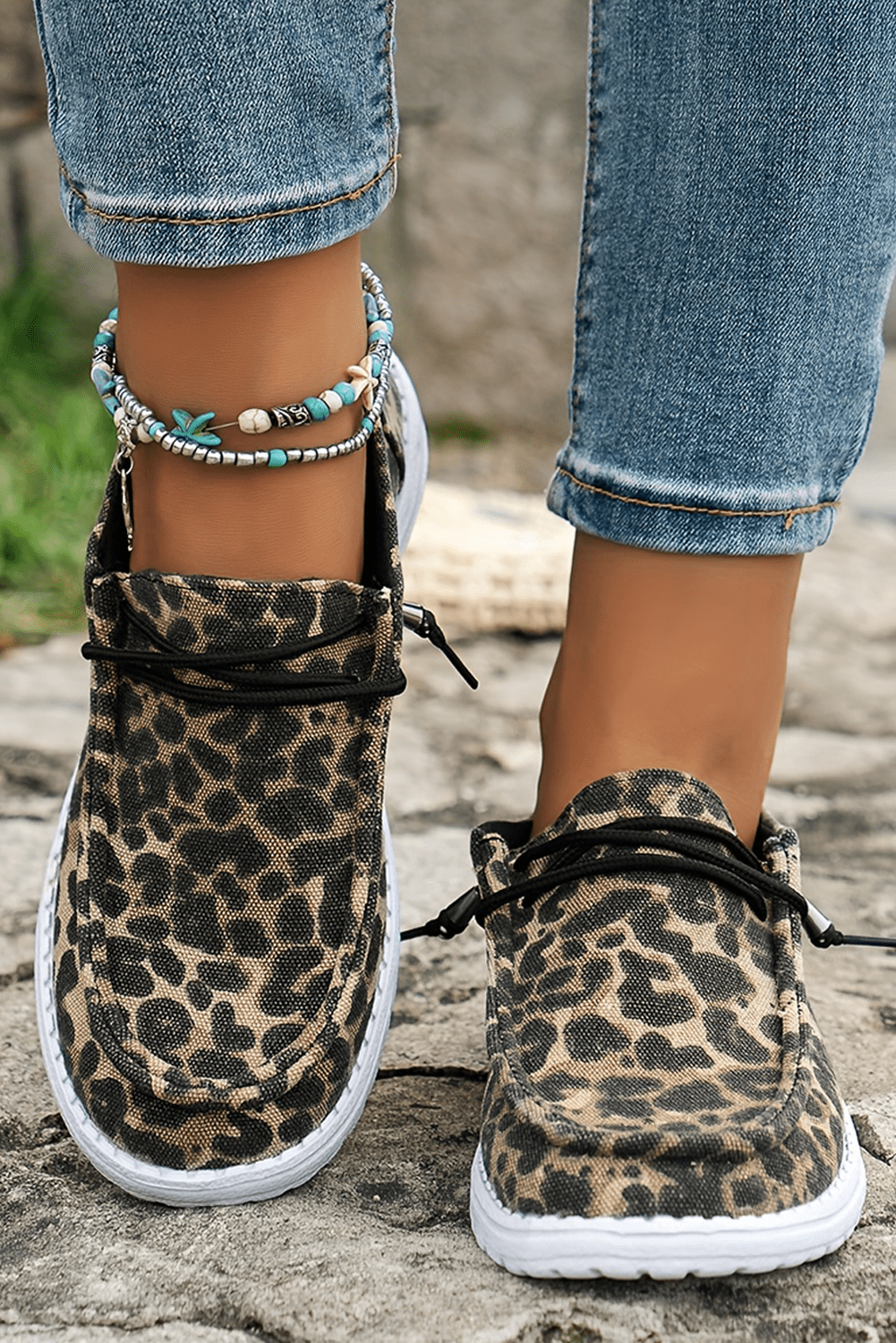 Coffee Lace-Up Decor Leopard Canvas Shoes