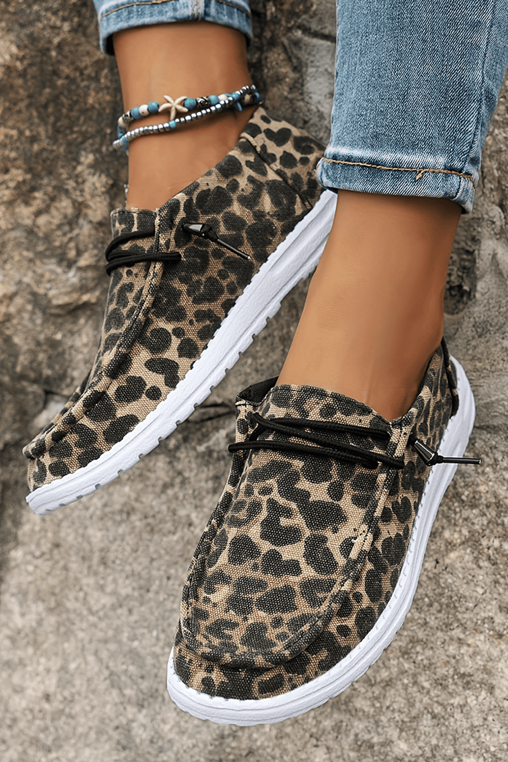 Coffee Lace-Up Decor Leopard Canvas Shoes
