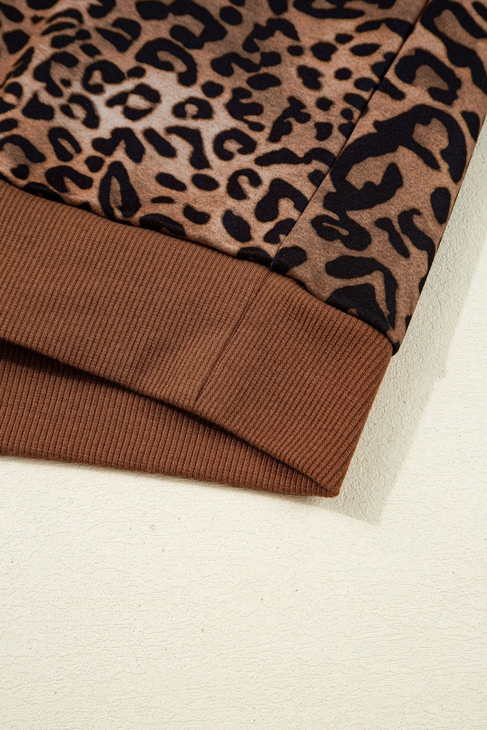 Coffee Leopard Print Contrast Trim Long Sleeve Top And Pants Set