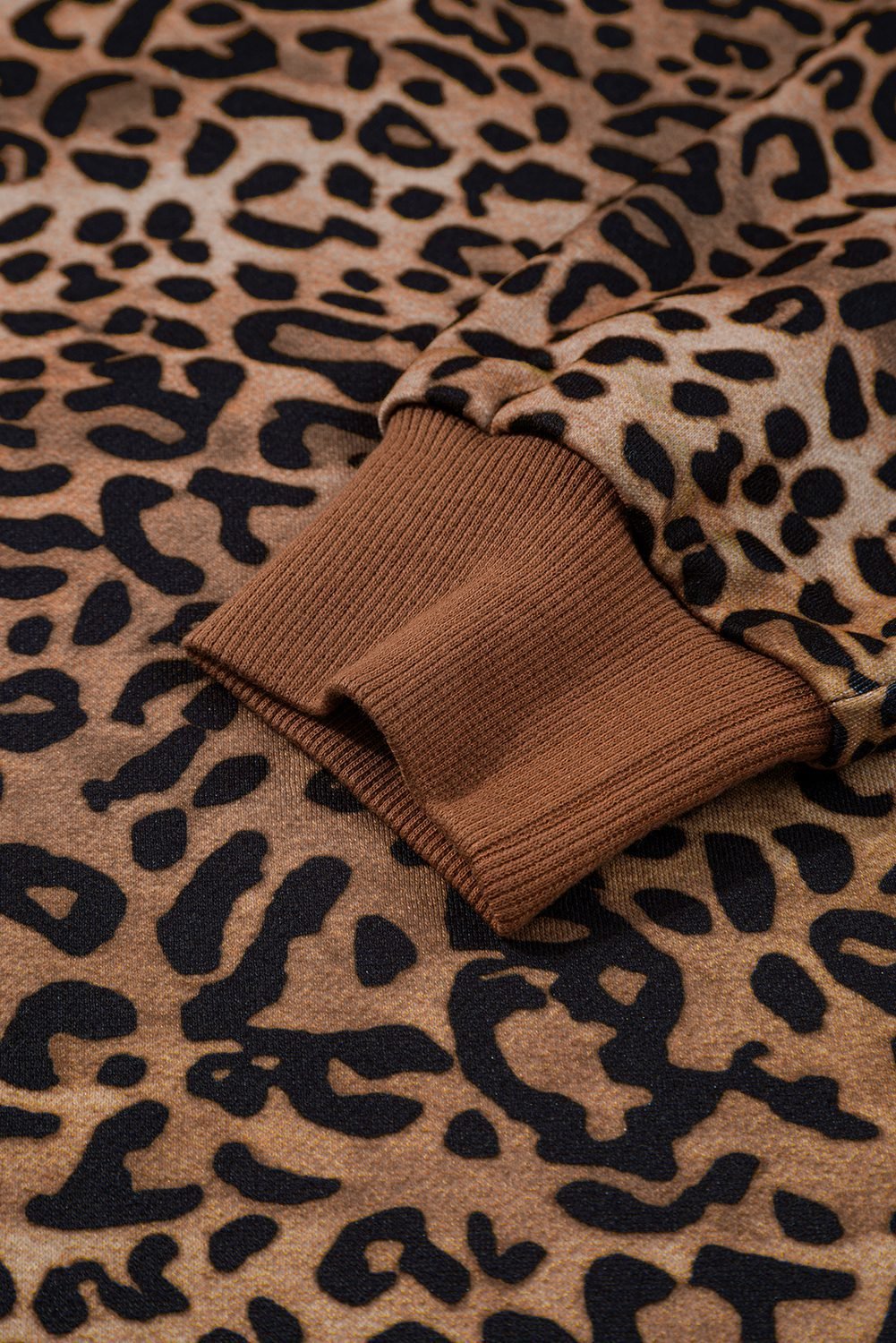 Coffee Leopard Print Contrast Trim Long Sleeve Top And Pants Set