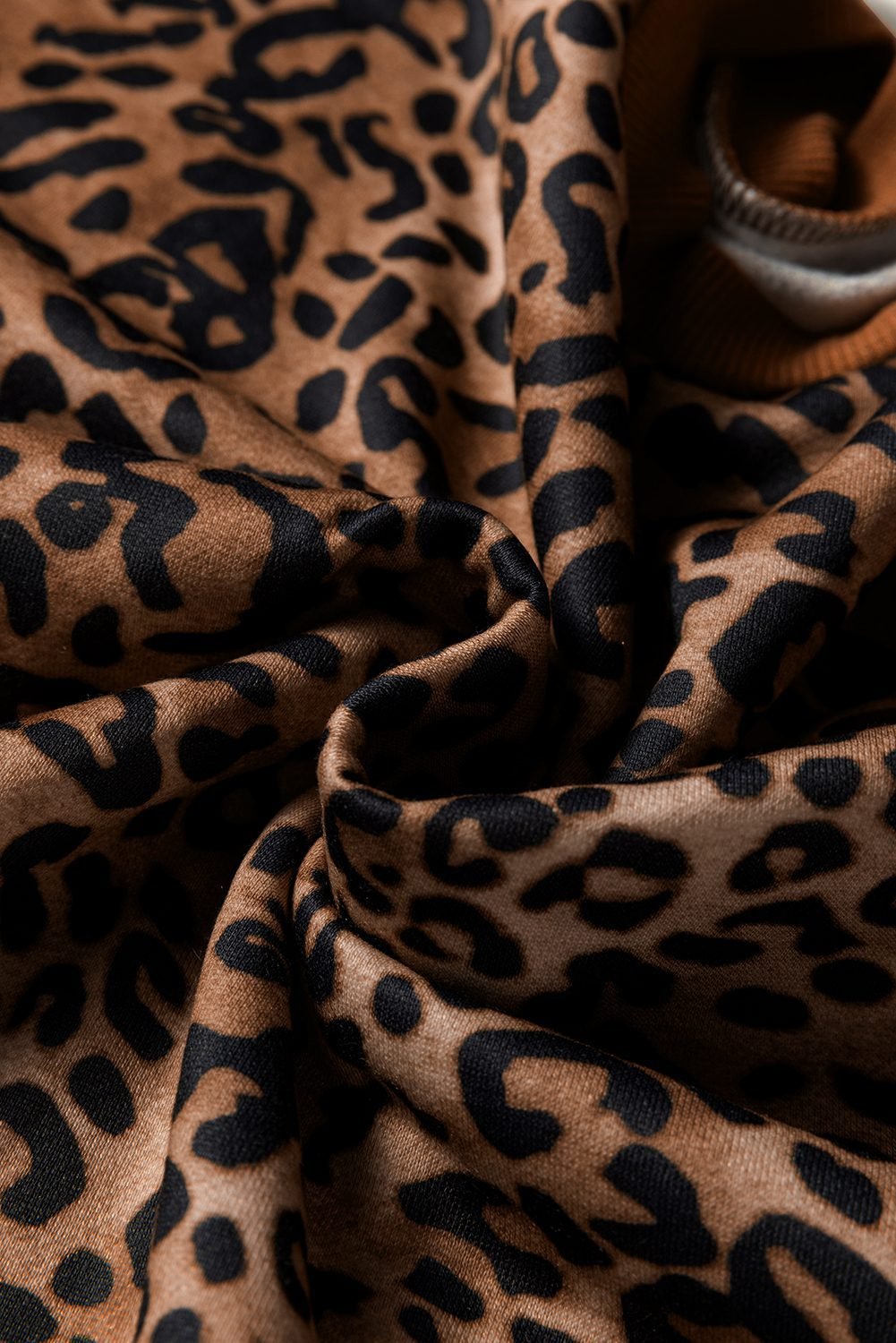 Coffee Leopard Print Contrast Trim Long Sleeve Top And Pants Set