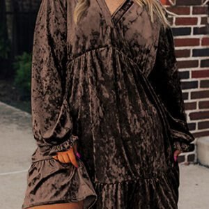 Coffee Plus Size Velvet Babydoll Mini Dress With Puff Sleeve