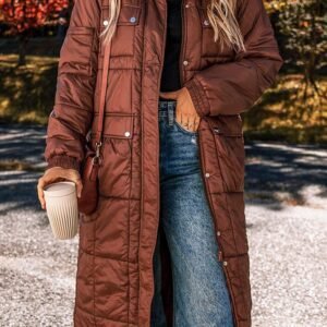 Coffee Quilted Puffer Stand Neck Zipped Mid-Length Coat