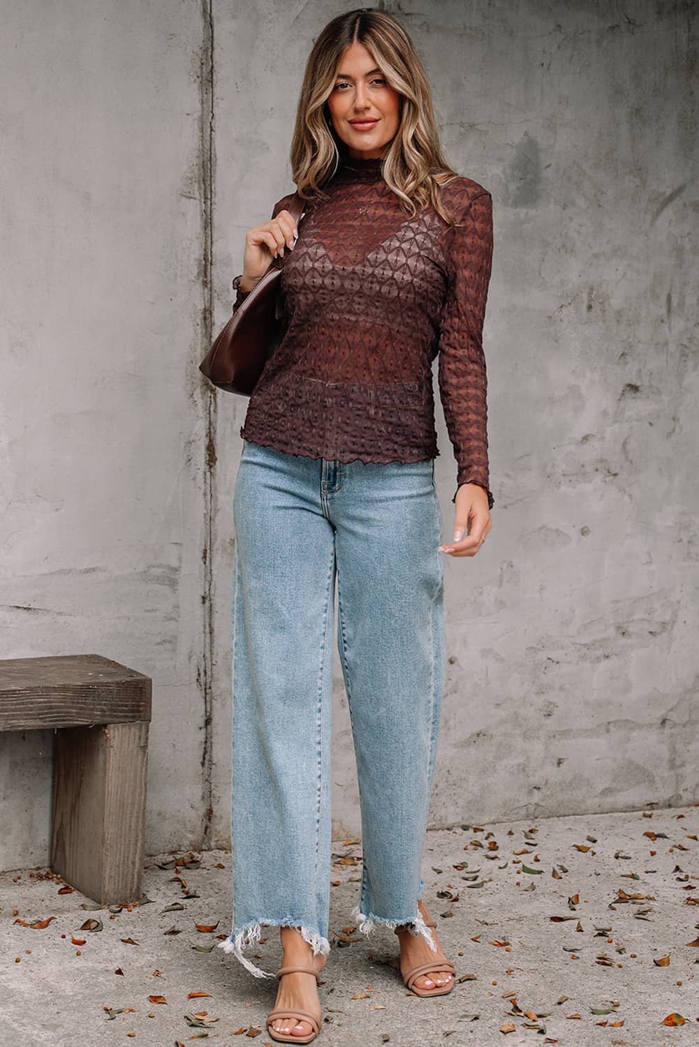 Coffee Sheer Mesh Patterned Lettuce Trim Slim Long Sleeve Top