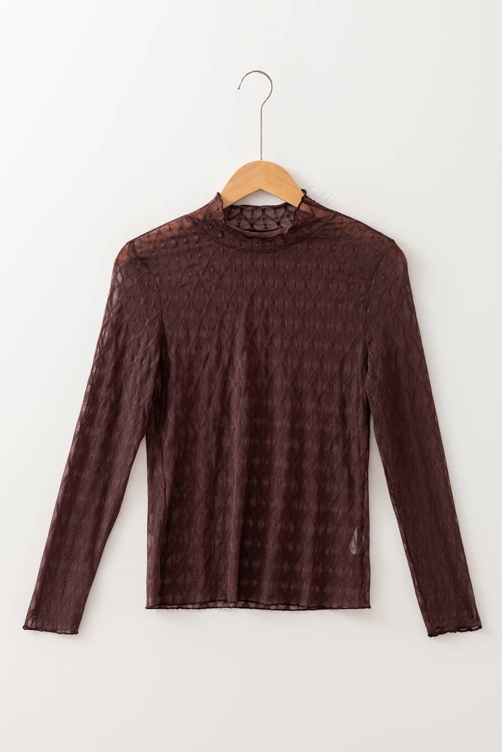 Coffee Sheer Mesh Patterned Lettuce Trim Slim Long Sleeve Top