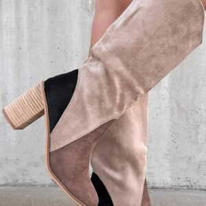 Coffee Suede Calf Length Chunky Heel Boots