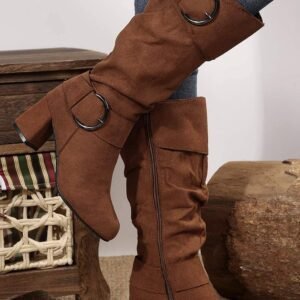Coffee Suede Double Buckled Side Zipped Mid-Calf Boots