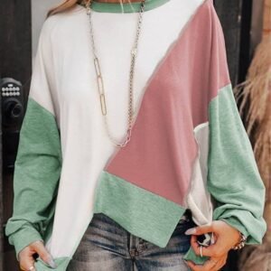 Colorblock Stitching Irregular Hem Long Sleeve Top