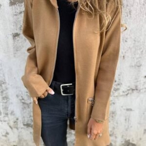 Light French Beige Solid Color Casual Zip Up Hooded Coat