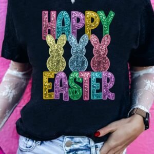Black Glittering Bunny Happy Easter Graphic T Shirt
