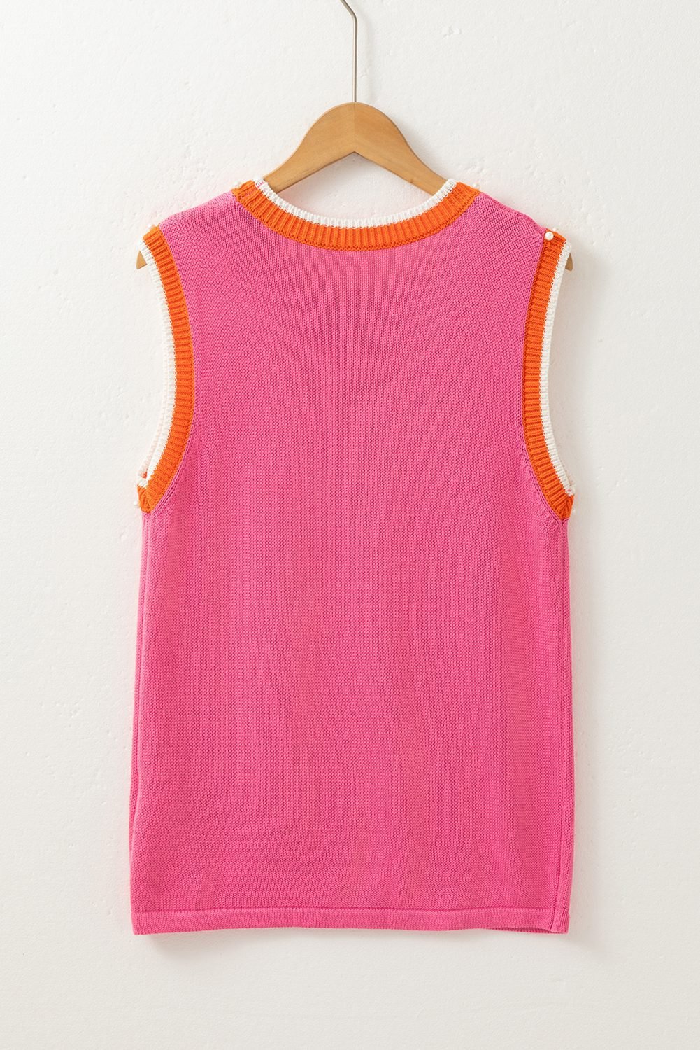 Bright Pink Contrast Trim Pearl Detail Sweater Tank Top