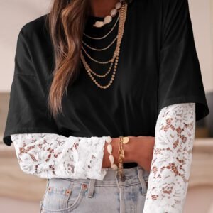 Black Lace Long Sleeve Insert Drop Shoulder Tee