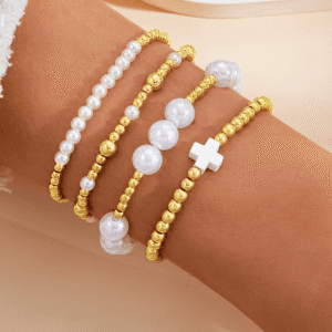 Gold Pearl Plated Alloy Multi Layer Stretch Bracelet