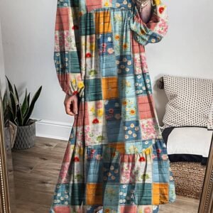 Sky Blue Mix Floral Checkered Pattern Bubble Sleeve Ruffle Hem Dress