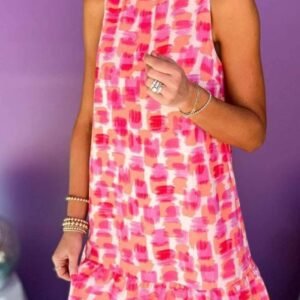 Pink Abstract Print Frilly Neck Sleeveless Mini Dress