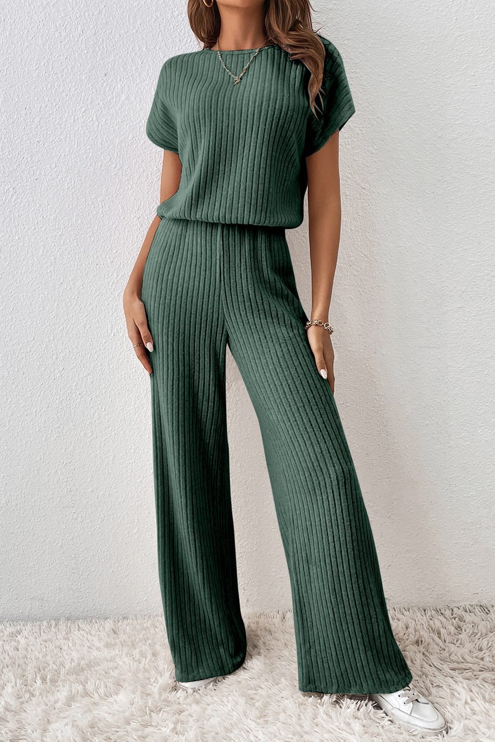 Mist Green Ribbed Keyhole Short Sleeve Wide Leg Jumpsuit