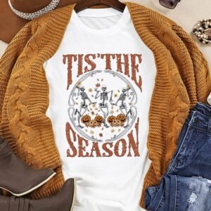 White Halloween Season Dancing Skeleton Graphic Tee