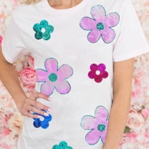 White Sequined Flower Pattern Round Neck T Shirt
