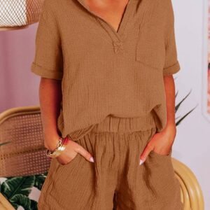 Chestnut Crinkle Textured Polo Shirt And High Waist Shorts Set