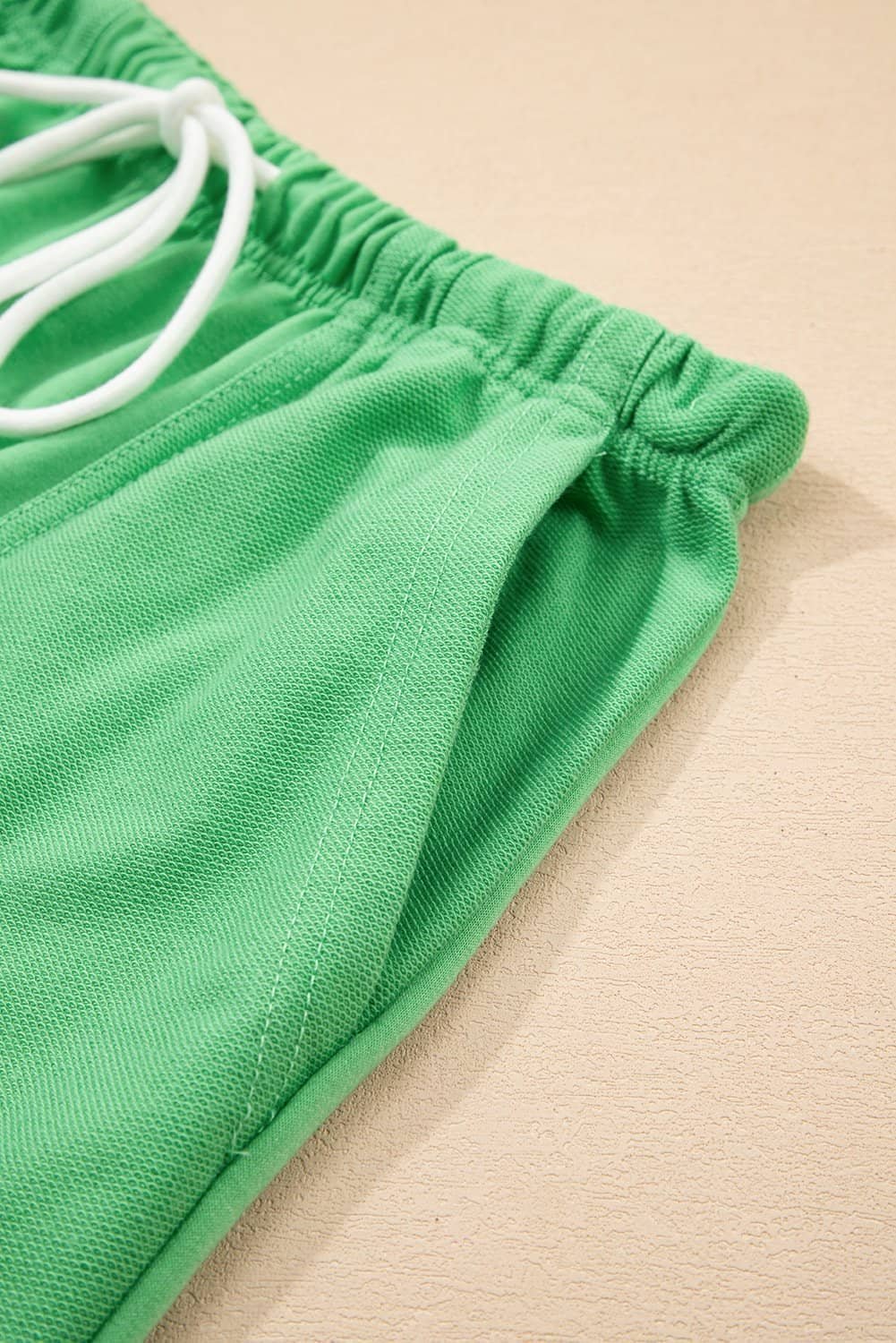 Mint Green V Neck Drop Shoulder Tee And Patchwork Drawstring Shorts Set