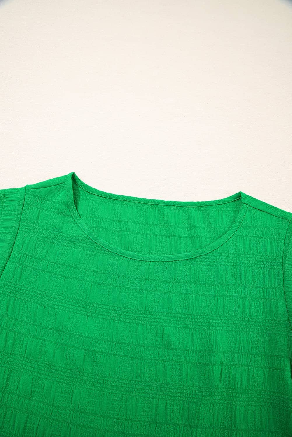 Dark Green Textured Ruffled Sleeve Round Neck Top