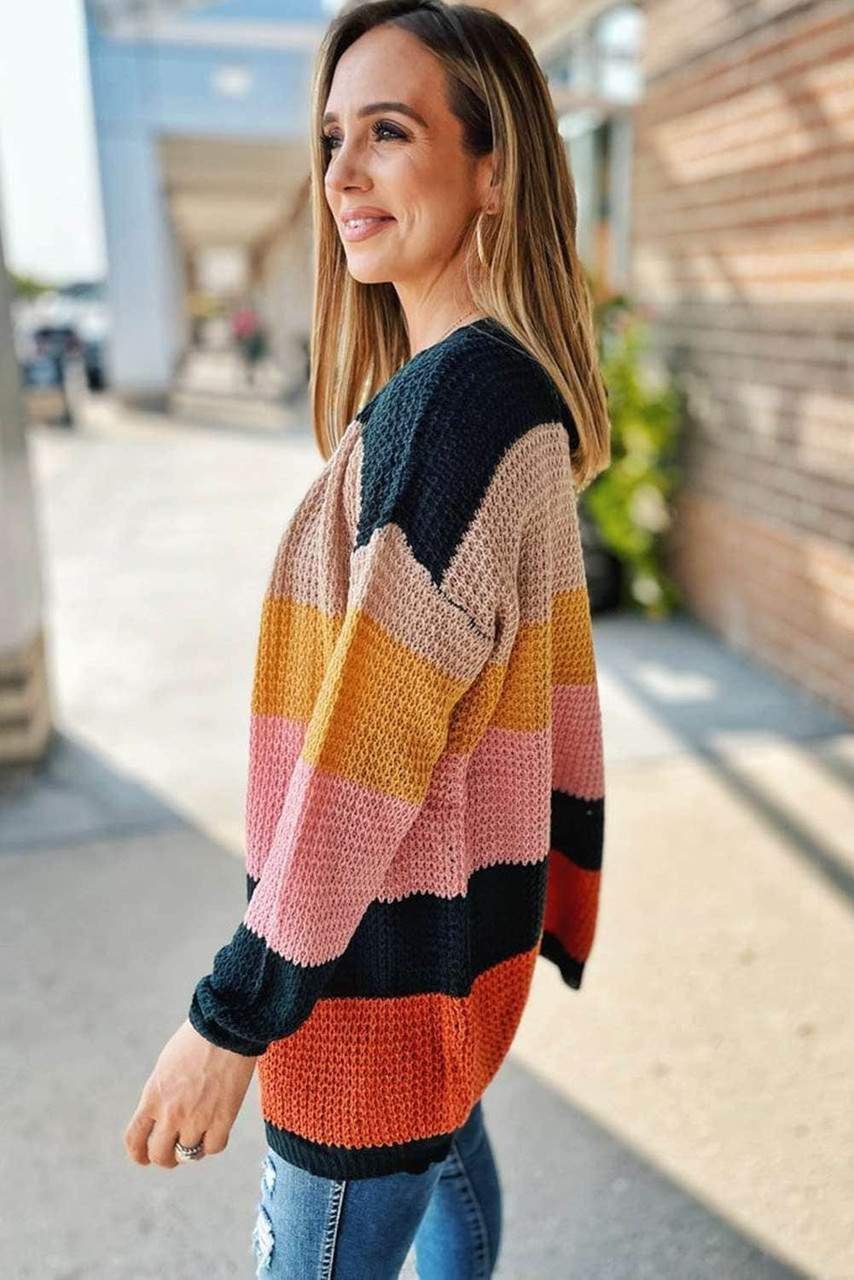 Waffle Knit Color Block Open Front Cardigan
