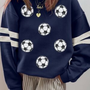 Navy Blue Soccer Football Sequin Patched Graphic Oversized Varsity Sweatshirt