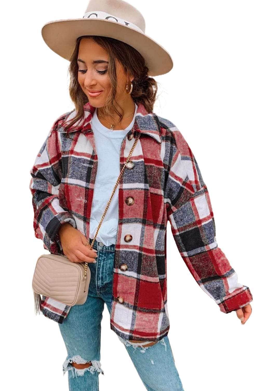 Red Plaid Print Buttoned Shirt Jacket