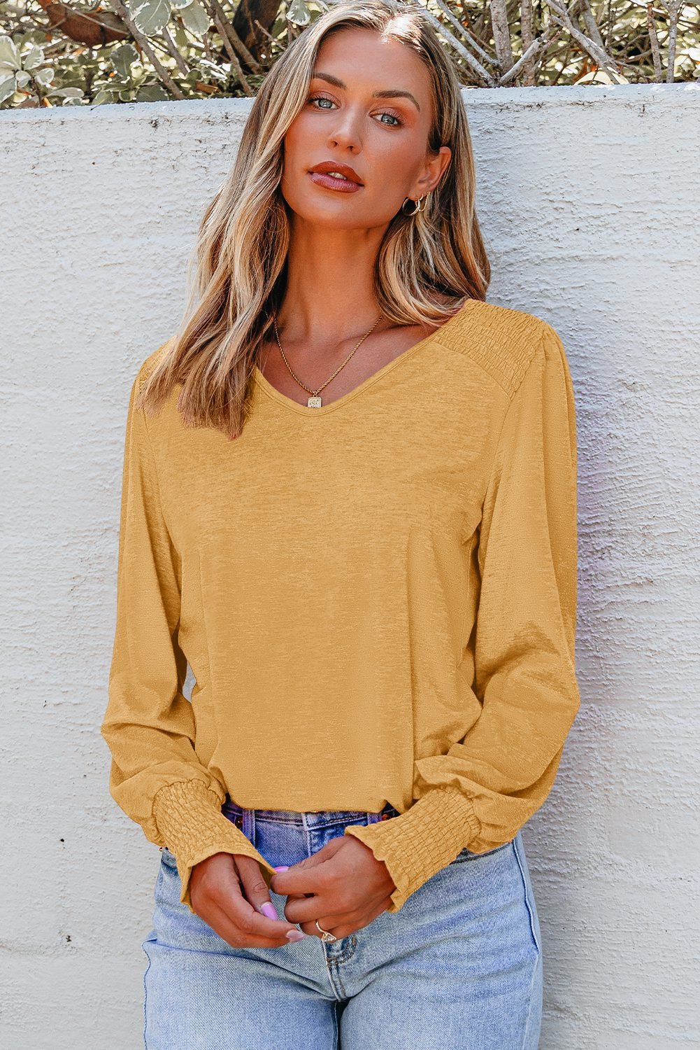 Beige Shirred Shoulder Frilled Cuffs Long Sleeve Top
