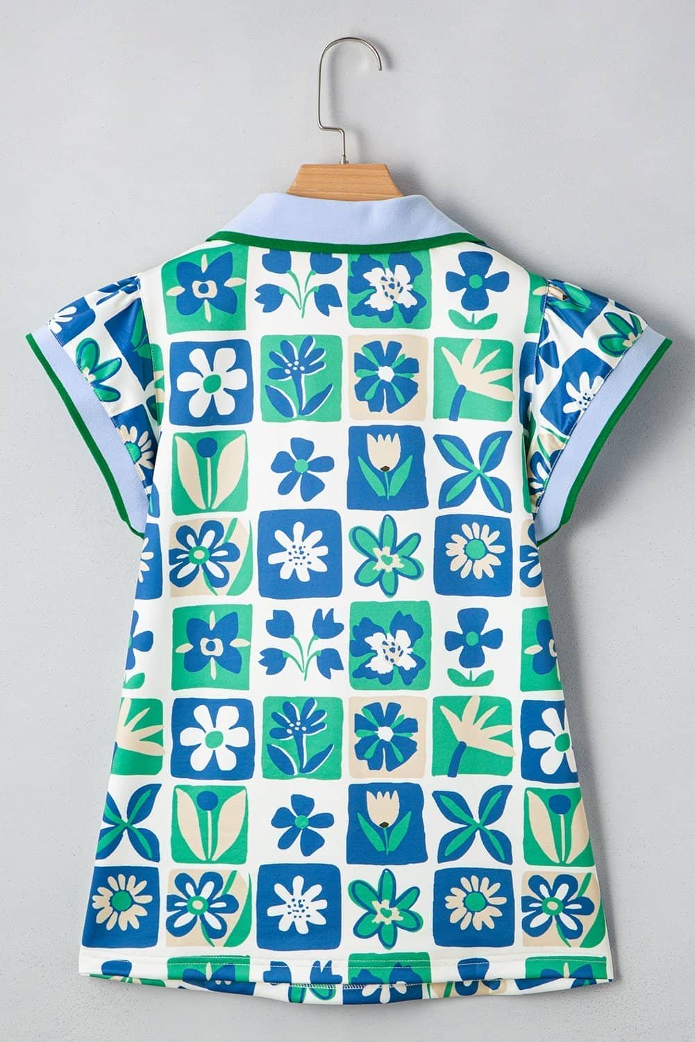 Green Floral Plaid Colorblock Trim Collar Flutter Sleeve Blouse