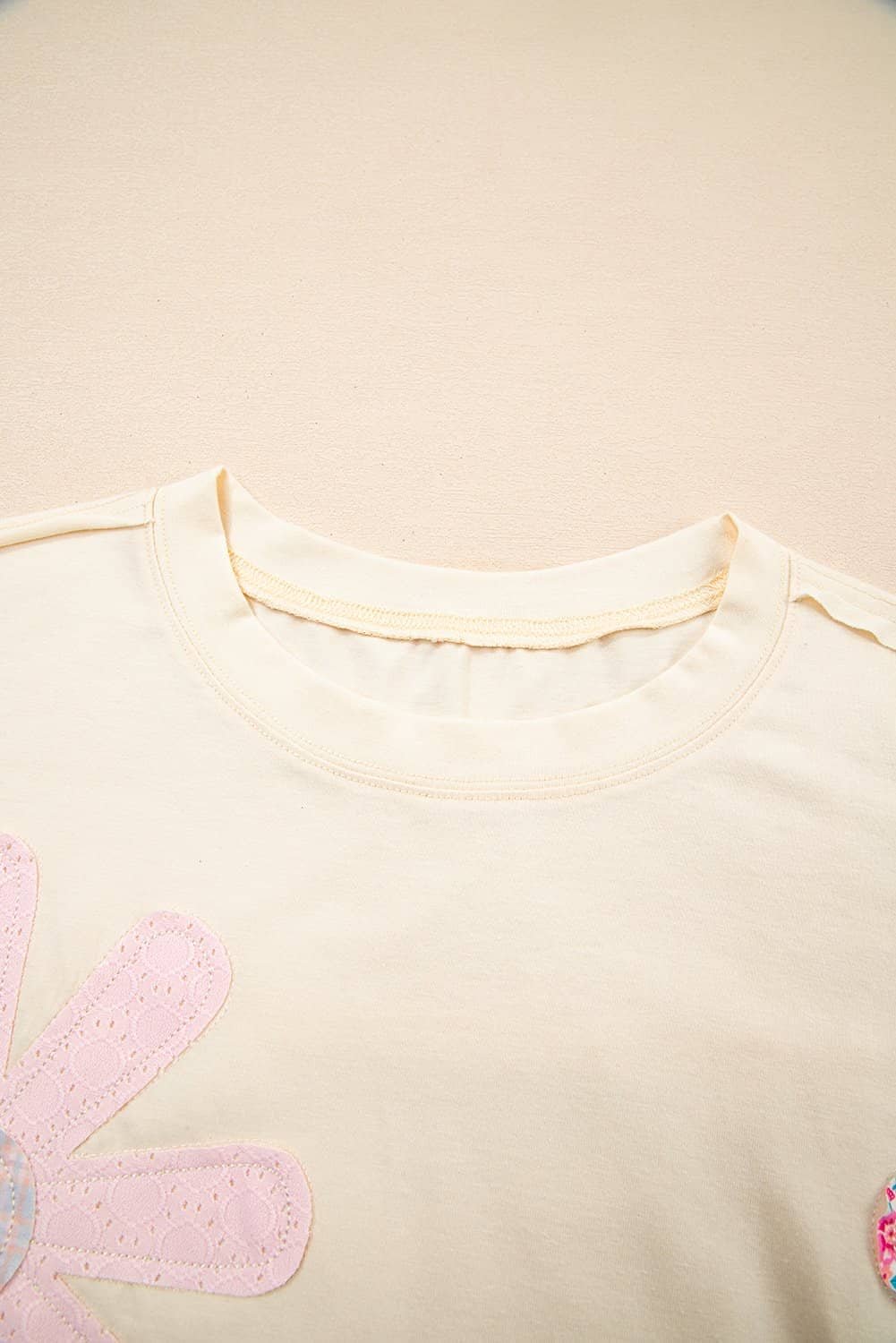 Apricot Flower Patched Exposed Stitching Trim Crew Neck Loose Tee