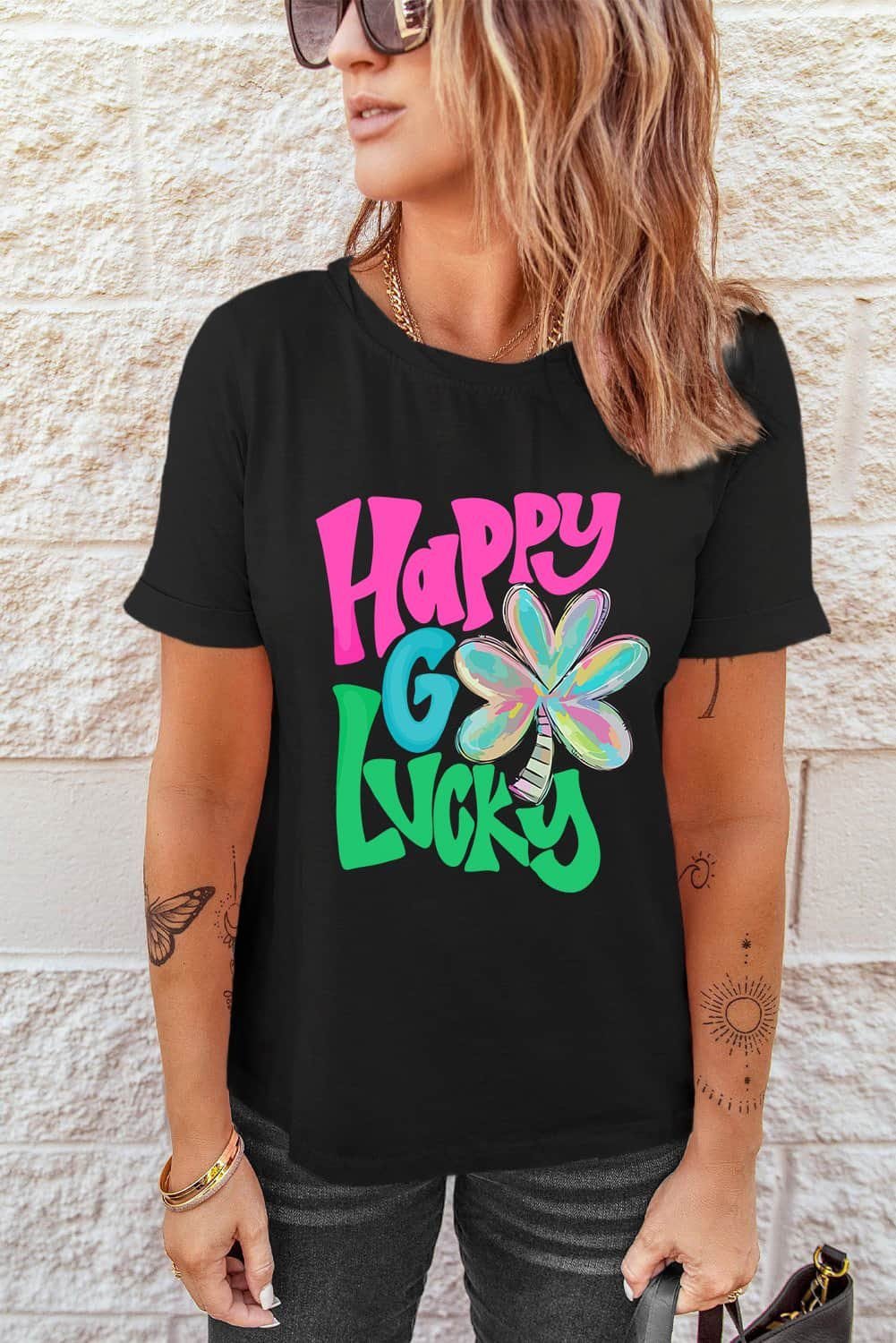 Black Happy Go Lucky Clover Print Crew Neck T Shirt