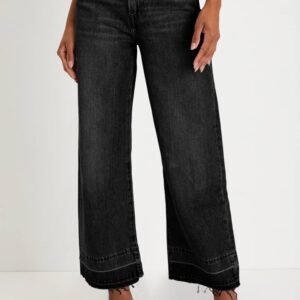 Black Raw Hem Straight Leg Loose High Waist Jeans