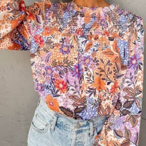 Multicolour Floral Bishop Sleeve Frilled Round Neck Blouse
