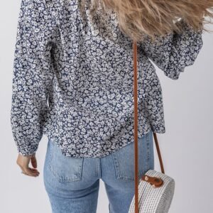 Blue Floral Print Notched V Neck Puff Sleeve Blouse