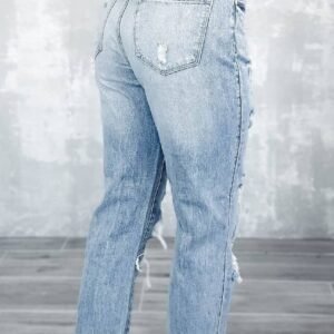 Sky Blue Light Wash Frayed Slim Fit High Waist Jeans